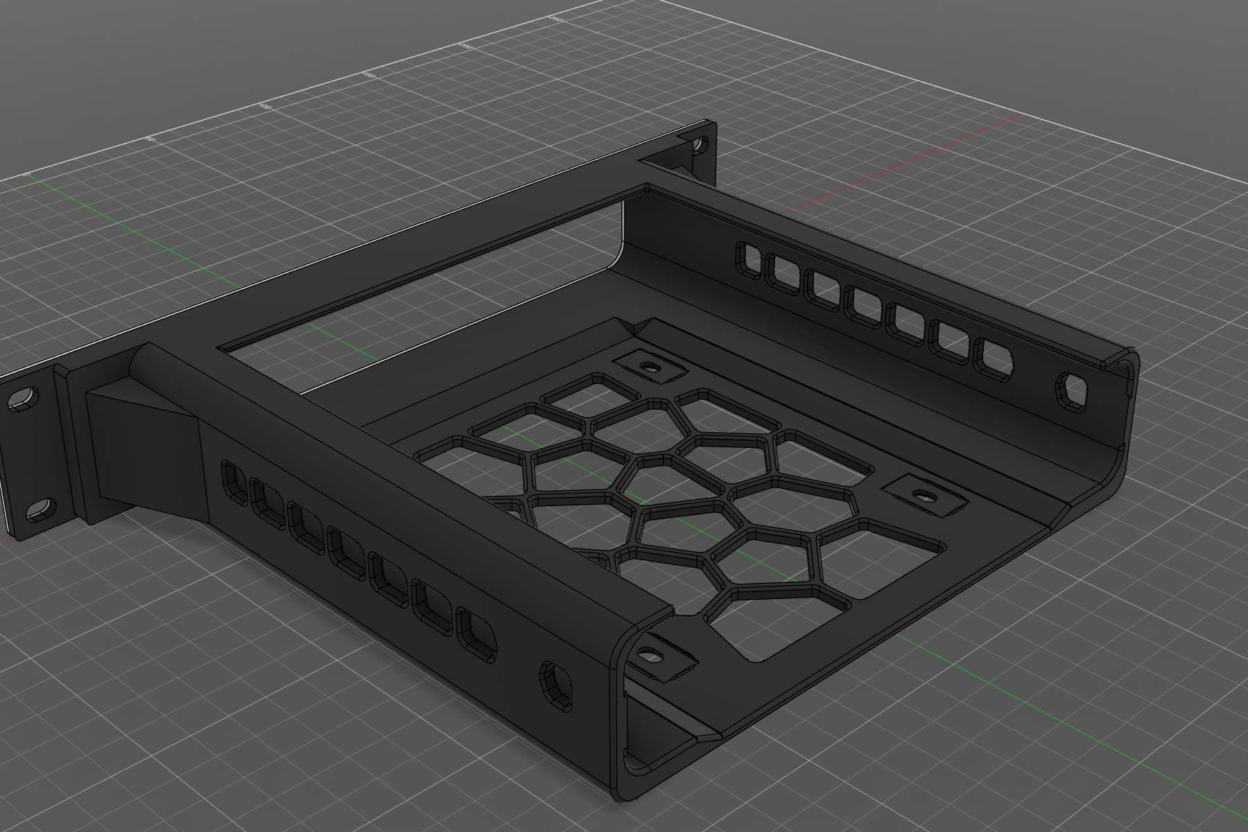 CAD render of the black V9 mount tray: cutouts in the base and rear wall; the front face is not shown here.