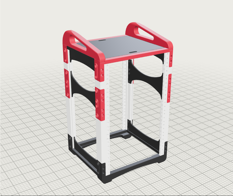 3D render of the 9U base frame: top cover with handles, rails, bases and side frames; no panels, shelves or equipment.